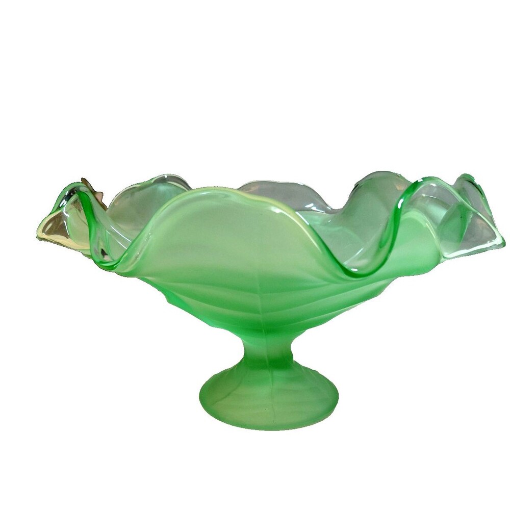 Vintage Viking Glass 11" Spring Green Satin Cabbage Leaf Pedestal Compote Bowl
